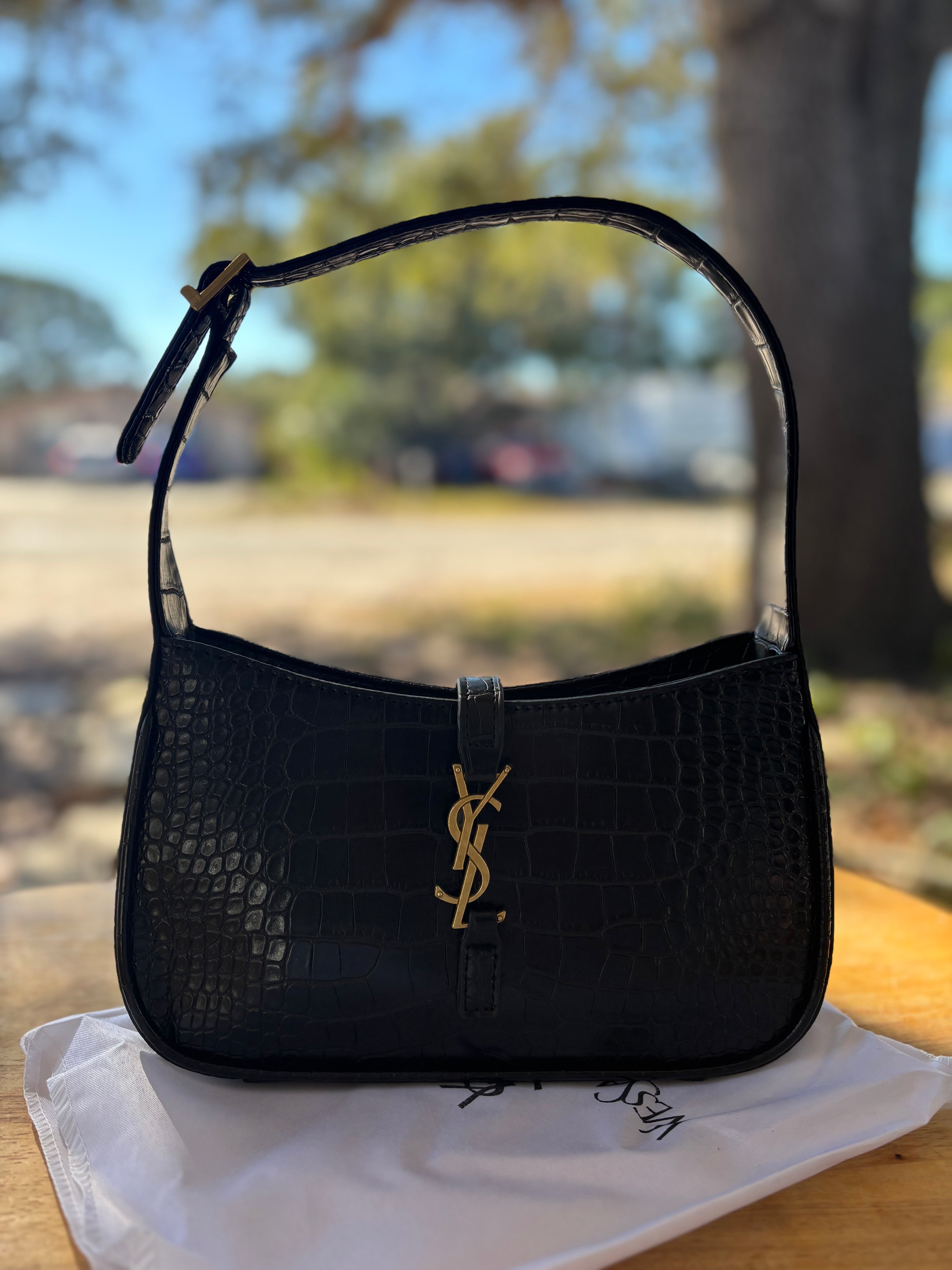 Saint Laurent Sunset Shoulder Bag Medium Black Crocodile Embossed Leather - Gold