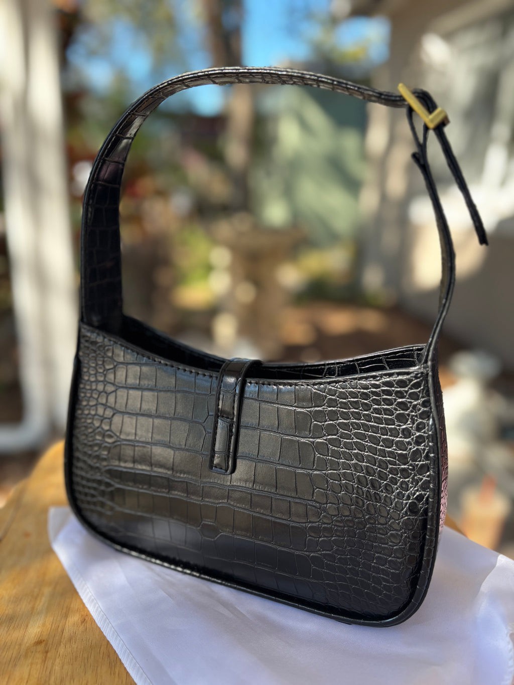 Saint Laurent Sunset Shoulder Bag Medium Black Crocodile Embossed Leather - Gold